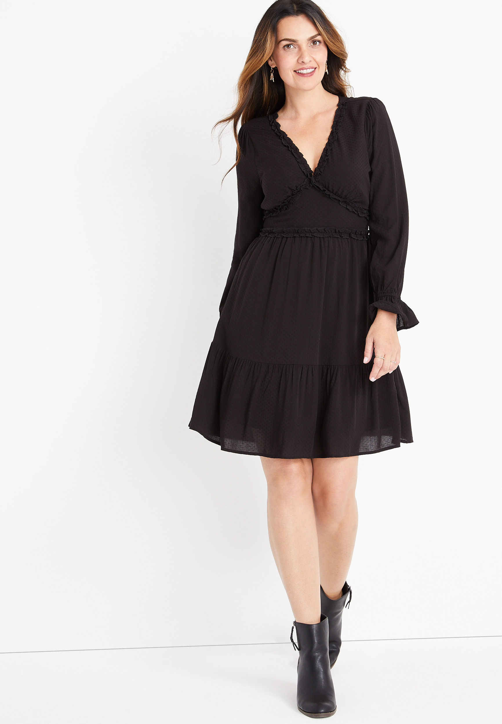 Black Ruffle Long Sleeve Mini Dress ...